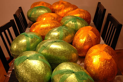 easter, egg, easter egg, food and drink, food, still life, healthy eating, wellbeing, freshness, no people, large group of objects, indoors, fruit, green color, close-up, orange color, citrus fruit, stack, high angle view, pumpkin, plate, arrangement, art and craft, orange, 1080P, CC0, public domain, royalty free