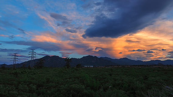 sunset, clouds, mountains, wild, weather, landscape, follow, nature, outdoor, beauty, tranquil, scene, scenic, electrical, power, mountain, sky, cloud - sky, beauty in nature, scenics - nature, environment, tranquil scene, tranquility, land, no people, mountain range, non-urban scene, plant, field, grass, dusk, idyllic, outdoors, electricity, 4K, CC0, public domain, royalty free