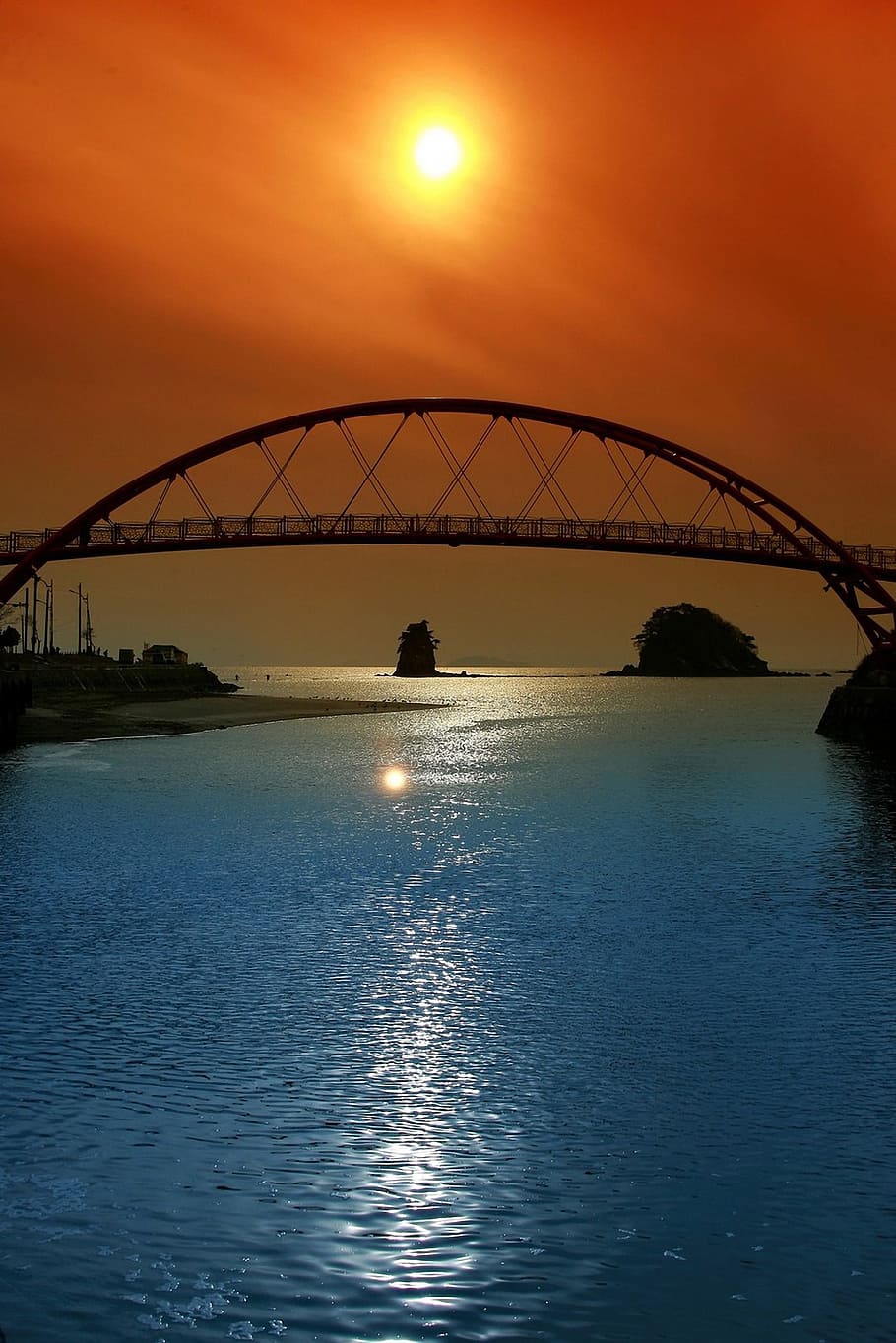 bu, bro, landskap, bue, bro, solnedgang, bro - menneskeskapte struktur, silhouette, vann, refleksjon, skumring, himmel, bygget struktur, arkitektur, forbindelse, vannkanten, naturskjønnhet - natur, transport, natur, oransje farge, skjønnhet i naturen, hav, sol, utendørs, buebro, 2K