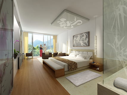 braun, hölzern, Bettrahmen, Matratze, Innere, Hotel, Rendern, Visualisierung, die Architektur, Visualisierung 3d, Architekturvisualisierung, Landschaft, Gebäude, cgi, Wohngebäude, Wohnraum, drinnen, Hauptschaukasteninnenraum, Möbel, Fenster, Wohnzimmer, Sofa, Tag, keine Leute, Reichtum, Abwesenheit, Bodenbelag, Zuhause, Tabelle, Sitz, Stuhl, Luxus, Kissen, modern, Holz, 2K, CC0, gemeinfrei, lizenzfrei