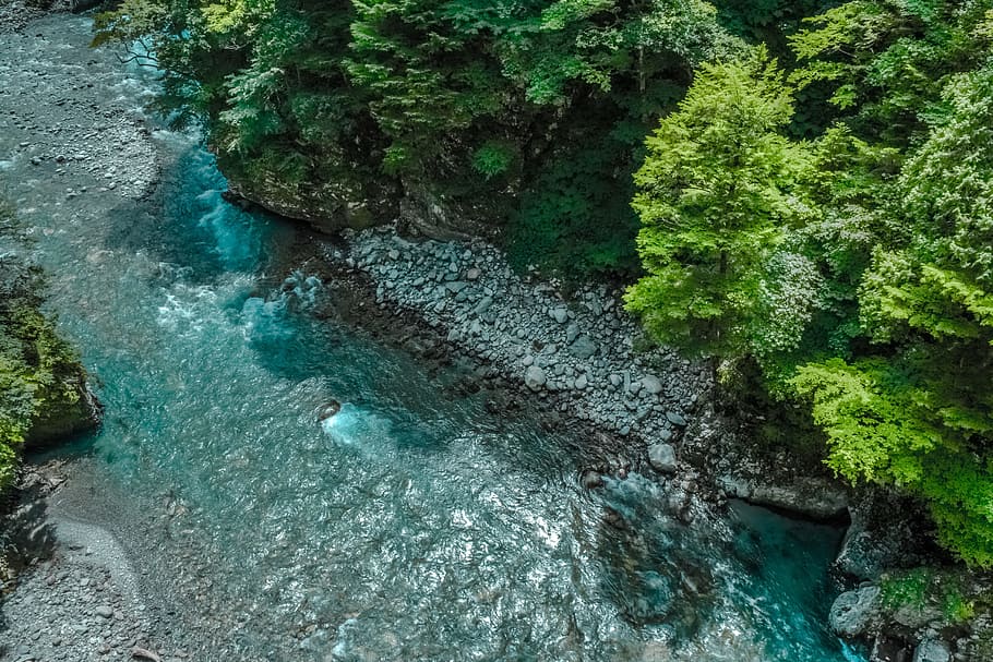 natur, skove, træer, græs, frodig, vegetation, vand, flod, strøm, klipper, sten, klippe, skønhed i naturen, solid, rock-objekt, ingen mennesker, høj vinkel visning, dag, scenics - natur, ro, plante, rock formation, rolig scene, idyllisk, udendørs, hav, jord, grøn farve, turkisfarvet, flydende vand, flyder, 2K