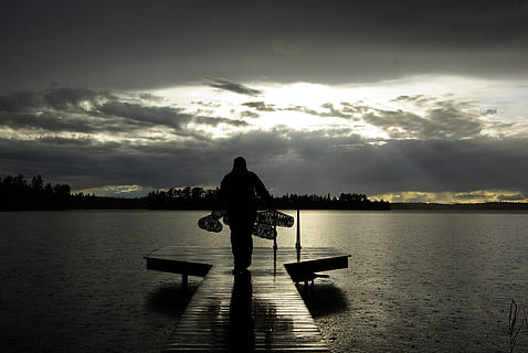 crayfish, cage, evening, august, water, sky, cloud - sky, one person, beauty in nature, rear view, pier, nature, lake, tranquility, scenics - nature, silhouette, real people, tranquil scene, lifestyles, leisure activity, sunset, full length, outdoors, 4K, CC0, public domain, royalty free