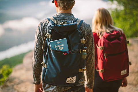 two, man, woman, carrying, backpacks, blue, book, inside, backpack, guide book, guidebook, backpacking, bag, couple, outdoor, hiking, guide, hike, walk, trek, eastern usa, nature, trip, explore, travel, man and woman, young, rear view, adult, men, women, two people, people, young adult, standing, togetherness, lifestyles, leisure activity, casual clothing, journey, young men, friendship, real people, focus on foreground, outdoors, couple - relationship, 5K, CC0, public domain, royalty free
