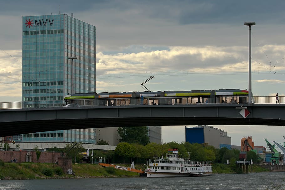 mannheim, neckar, pont, vaixell, arquitectura, estructura construïda, pont - estructura feta per l'home, transport, dia, cel, indústria, exterior de l'edifici, a l'aire lliure, cap gent, manera de transport, núvol - cel, connexió, ciutat, aigua, vaixell nàutic, naturalesa, transport públic, viatjar, tren, modern, exterior d’edifici d’oficines, embarcacions de passatgers, 4K