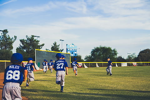 boy, running, green, grass, children, playing, baseball, field, team, practice, sport, group of people, real people, men, large group of people, sky, sportsman, tree, clothing, sports uniform, crowd, plant, competition, rear view, day, nature, sports clothing, team sport, teamwork, outdoors, 5K, CC0, public domain, royalty free