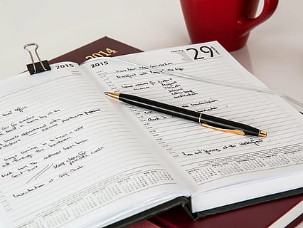 black, pen, white, planner, diary, journal, notebook, january, desk, office, page, note, writing, workplace, cup, date, calendar, meeting, appointment, plan, reminder, schedule, organizer, document, business, paper, publication, book, still life, no people, text, table, indoors, open, writing instrument, high angle view, close-up, communication, education, sheet music, music, sheet, fountain pen, textbook, 4K, CC0, public domain, royalty free