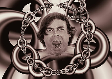 man portrait, chains, caught, psyche, man, patient, cry, suffering, psychiatry, thinking disorder, delusion, reality, disease, schizophrenia, affective disorder, depression, mania, bipolar, manic, depressed, bizarre, hallucination, compulsive, diagnosis, paranoia, psychotic, paranoid, personality disorder, deep psychology, psychology, freud, aggression, relationship delusional, megalomania, chain, strength, prisoner, people, trapped, portrait, looking at camera, one person, headshot, men, front view, adult, human body part, real people, shirtless, close-up, mid adult men, metal, body part, mid adult, shouting, facial expression, human face, mouth open, hairstyle, 4K, CC0, public domain, royalty free