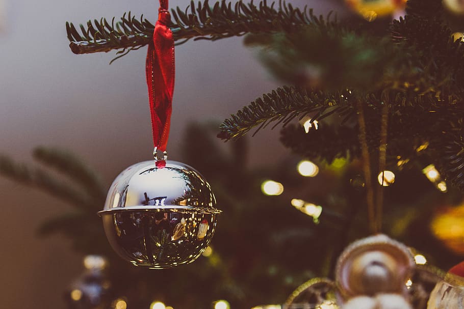 bokeh fotografie, šedá, cetka, zavřít, fotografie, stříbrný barevný zvon ornament, pověsit, borovice, zvonek, odraz, strom, Vánoce, oslava, dekorace, vánoční dekorace, vánoční strom, vánoční ozdoba, závěsný, Dovolená, dovolená - akce, nikdo, rostlina, detail, zaměřit se na popředí, uvnitř, lesklý, Červené, Příroda, stříbrné barvy, 4K