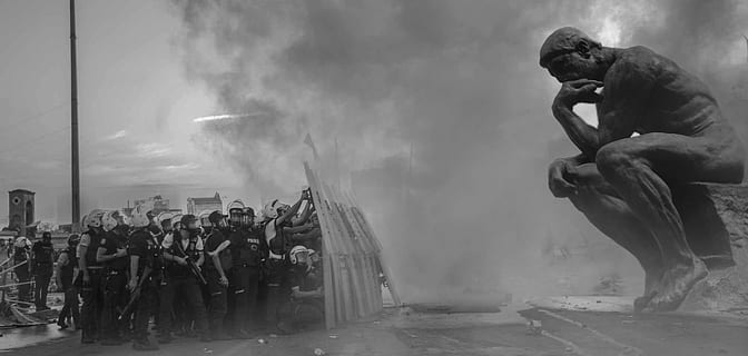 grayscale photography, riot police, front, thinker statue, police, violence, thinking man, mounting, journalist, helmets, human, news, barricade, danger, war, gas mask, press, attack, dom, concepts, helmet, opinions, gas bombs, conceptual, sculpture, government, folk, human rights, men, real people, people, adult, water, crowd, activity, smoke - physical structure, day, group of people, sky, motion, full length, lifestyles, architecture, art and craft, cloud - sky, creativity, 2K, CC0, public domain, royalty free