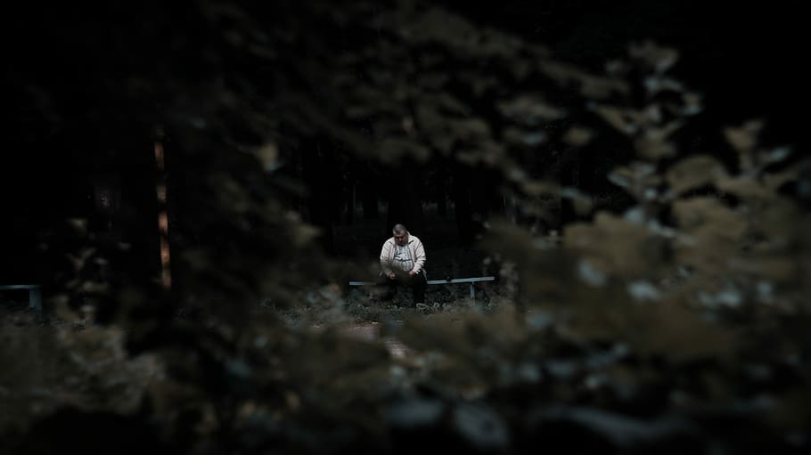 selektiv, fotografering, mand, sidder, bænk, omgivet, træer, gammel mand, midaldrende, Skov, en person, mørk, voksen, emotion, ensomhed, ung voksen, natur, fuld længde, frygt, midt voksen, eventyr, nat, fjern, sorg, udfordring, stående, frihed, 2K