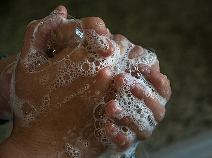 hand with soap, hands, soap, bubbles, hygiene, wash, washing, water, close-up, cleaning, human body part, one person, adults only, adult, indoors, human hand, hand, body part, focus on foreground, wet, soap sud, human finger, finger, lifestyles, bubble, human limb, 2K, CC0, public domain, royalty free