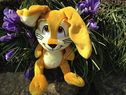 Påske hare, påske, hare, forår, repræsentation, legetøj, blomst, blomstrende plante, plante, dyr repræsentation, tøjdyr, gul, ingen mennesker, tæt på, natur, Kunst og håndværk, kronblad, blomsterhoved, friskhed, skønhed i naturen, dag, lilla, dyr, vækst, udendørs, 2K, CC0, offentligt domæne, royaltyfrie