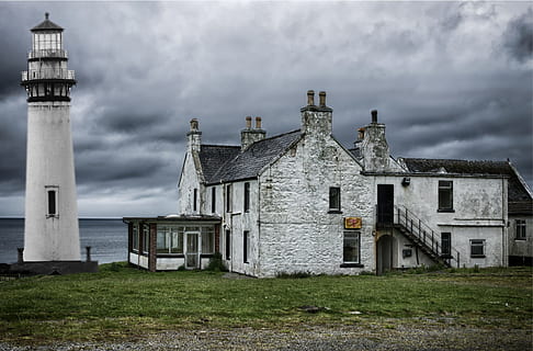 landscape photo, white, house, beside, lighthouse, beach, clouds, thunder, grass, sky, predator, seaside, ocean, architecture, building exterior, built structure, building, cloud - sky, nature, history, the past, land, no people, overcast, storm, landscape, dramatic sky, plant, religion, ominous, 2K, CC0, public domain, royalty free