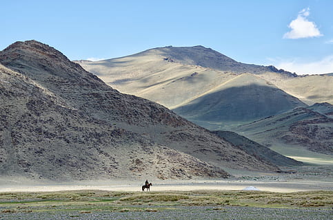 dağın yanında at sırtında, Moğolistan, dağlar, yaz, binici, at, peyzaj, gökyüzü, doğa, seyahat, güzellik, yamaçlar, bulutlar, yalnız tepe, dağ, insanlar, açık havada, yürüme, yürüyüş, çevre, manzaralar - doğa, arazi, dağ silsilesi, doğada güzellik, çöl, iklim, huzur, bir kişi, sakin sahne, gün, uzak, kurak iklim, kentsel olmayan sahne, tam uzunluk, yarı kurak, 4K, CC0, kamu malı, telif ücretsiz