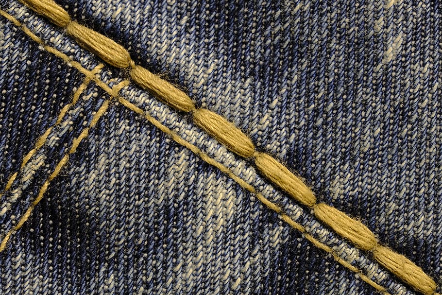 tæt på, Foto, blå, denim klud, søm, tråd, garn, sy, stof, jeans, bomuld, tekstil, tekstiler, tøj, mode, baggrund, kort, postkort, ingen mennesker, høj vinkel visning, mønster, tekstureret, tæppe - indretning, indendørs, baggrunde, materiale, gul, stilleben, træ - materiale, måtte, kreativitet, uld, denim, fuld ramme, 5K