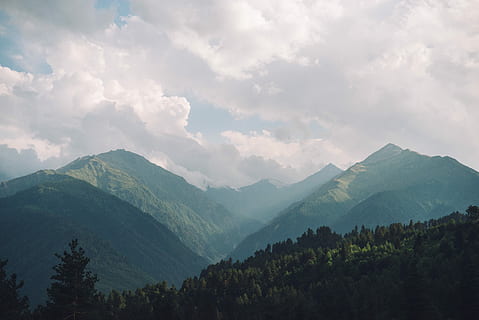 Wald, Berg, tagsüber, Berg im Nebel, Wolke, Baum, Gebirge, Tal, Grün, Natur, Himmel, Licht, Blau, Horizont, Schnee, Leben, Republik Georgien, Szenen - Natur, wolke - himmel, Schönheit in der Natur, Ruhe, ruhige Szene, Umgebung, Pflanze, Nicht-städtische Szene, Landschaft, keine Leute, Land, idyllisch, grüne Farbe, draußen, Gipfel, Angebot, 5K, CC0, gemeinfrei, lizenzfrei