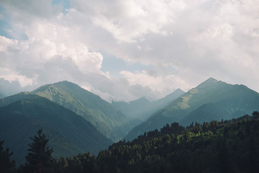 Wald, Berg, tagsüber, Berg im Nebel, Wolke, Baum, Gebirge, Tal, Grün, Natur, Himmel, Licht, Blau, Horizont, Schnee, Leben, Republik Georgien, Szenen - Natur, wolke - himmel, Schönheit in der Natur, Ruhe, ruhige Szene, Umgebung, Pflanze, Nicht-städtische Szene, Landschaft, keine Leute, Land, idyllisch, grüne Farbe, draußen, Gipfel, Angebot, 5K
