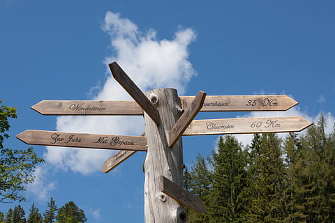 Schild, Zeichen, Orientierung, Hinweis, Tafel, Holz, beschriftet, Plakatwand, Entfernung, Himmel, Blau, Weiß, Wolke, Richtung, Richtungszeichen, Pfeilsymbol, Beratung, Straßenschild, Kommunikation, Symbol, Text, Baum, Hinweisschild, Information, Holz - Material, Natur, westliche Schrift, wolke - himmel, keine Leute, Pflanze, Flachwinkelansicht, draußen, Toilette Zeichen, 4K, CC0, gemeinfrei, lizenzfrei