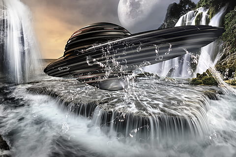šedá, kosmické lodi, vodopády, budoucnost, vpřed, sci-fi, sci fi, UFO, Pokrýt, futuristický, vesmírný křižník, vesmírné cestování, planeta, vesmír, fantazie, fotomontáž, prostor, Pozadí, cizí inteligence, kosmická loď, mimozemšťan, Všechno, skládání, 3d, vykreslování, pozadí plochy, obal knihy, voda, nebe, pohyb, mrak - nebe, Příroda, moře, architektura, stříkající, přeprava, nikdo, technologie, venku, sdělení, životní prostředí, tekoucí, rozmazaný pohyb, řemeslo, stavba, digitální kompozitní, osobní plavidlo, moci, znečištění, 5K