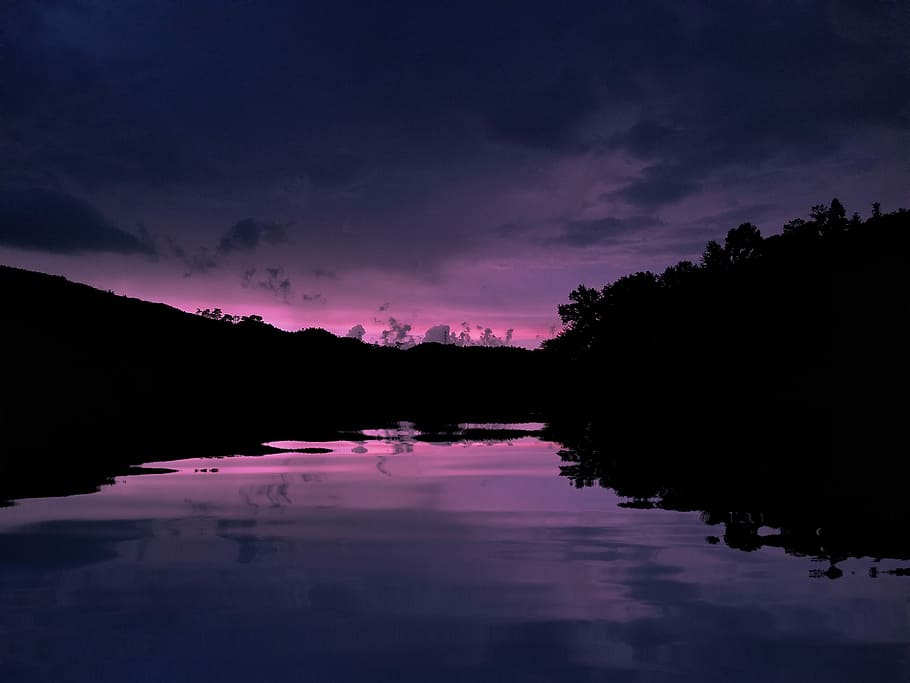 silhouette photography, lake, river, mountains, nighttime, sunset, purple, sky, background, stream, tree, forest, cloud, landscape, drammatic, beautiful, reflection, china, water, cloud - sky, beauty in nature, scenics - nature, tranquility, tranquil scene, silhouette, plant, nature, no people, idyllic, waterfront, dramatic sky, dusk, romantic sky, 4K
