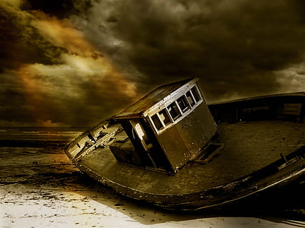Sepia, Fotografie, Boot, Wrack, Stiefel, gestrandet, Küste, Meer, Mystik, Nacht-, Nebel, Ozean, Schiff, Versand, See, Seefahrt, Abenteuer, Dämmerung, Angeln, Fischereitätigkeiten, Fischerei, Fischereiindustrie, Himmel, Stromspannung, Strand, Bank, Wolken, Licht, Ebbe, verlassen, alt, gebrochen, beschädigt, schmutzig, heruntergewirtschaftet, rostig, obsolet, wolke - himmel, Wasserfahrzeug, Natur, Transportmittel, Transport, keine Leute, Wasser, Sonnenuntergang, bedeckt, Land, draußen, Ablehnen, Verschlechterung, Untergang, ruiniert, 2K, CC0, gemeinfrei, lizenzfrei