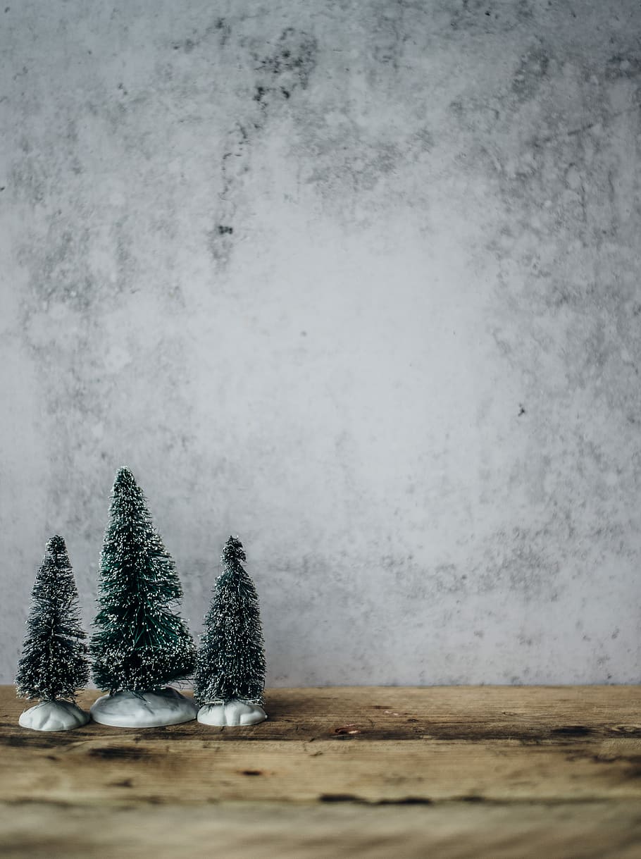 Weihnachtsbäume, drei, Miniatur, oben, braun, hölzern, Tabelle, Baum, Dekor, Dekoration, Wand, Weihnachten, Pflanze, Weihnachtsbaum, Feier, Natur, keine Leute, Winter, Schnee, kalte Temperatur, Land, Nadelbaum, Weihnachtsdekoration, Urlaub, Ferienveranstaltung, Tag, Tannenbaum, Kiefer, 4K