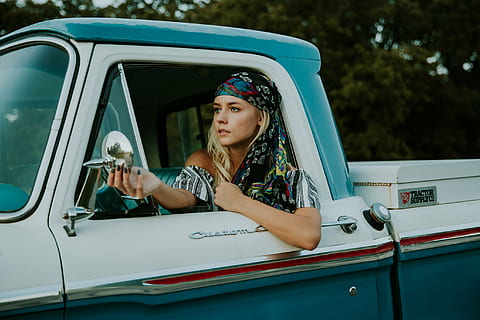 beautiful, car, driver, face, fashion, female, model, outdoors, person, pick up, vehicle, woman, young, women, retro Styled, old-fashioned, elegance, transportation, people, land Vehicle, females, travel, adult, caucasian Ethnicity, vintage Car, young Adult, mode of transportation, one person, motor vehicle, sitting, real people, lifestyles, leisure activity, headshot, casual clothing, looking away, young women, looking, hairstyle, road trip, 2K