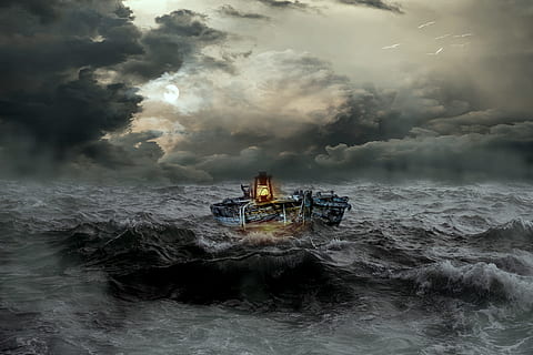 gray, boat, body, water, rough sea, sea, boot, dark clouds, lantern, glow, moonlight, abandoned boat, in distress get, stormy, forward, spray, storm, birds, wave motion, lake, photo montage, composing, fantasy, nautical vessel, transportation, mode of transportation, sky, cloud - sky, motion, beauty in nature, wave, nature, sailing, outdoors, scenics - nature, power in nature, day, horizon over water, passenger craft, digital composite, sailboat, 5K, CC0, public domain, royalty free