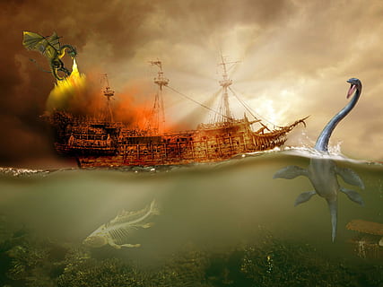 Due, attaccare, barca, draghi, mostri, attacco, bestie, Pericolo, dinosauro, disastro, fuoco, fotografie, rettile marino, oceano, dominio pubblico, nave, nave nautica, veliero, mare, acqua, andare in barca, vela, nave alta, culture, vecchio, riflessione, nuvola - cielo, trasporto merci, mezzi di trasporto, nessuno, cielo, natura, architettura, all'aperto, modo di trasporto, composito digitale, destinazioni di viaggio, giorno, struttura costruita, barca a vela, 2K, CC0, dominio pubblico, privo di copyright