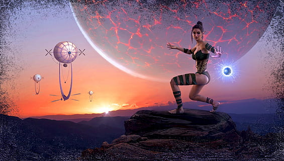 woman, wearing, black, strapless, top, panty, planet, digital, wallpapr, fantasy, composing, atmosphere, mood, mystical, science fiction, arrival, balloon, ball, mysterious, fly, landscape, float, hot air balloon, female, fight, ball of light, sky, partly cloudy, full length, one person, young adult, nature, women, adult, fashion, young women, flying, standing, beauty, beautiful woman, sunset, clothing, digital composite, beauty in nature, rock, animal wing, 2K