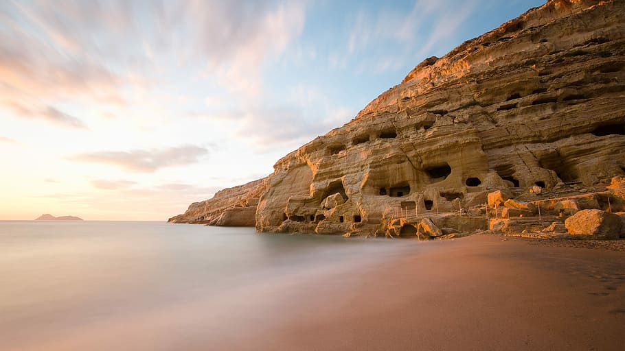 foto da silhueta, ilha, costa, dia, fotografia de paisagem, Castanho, rochoso, Colina, Claro, azul, céu, por do sol, de praia, Creta, caverna, nuvem, agua, Rocha, rock - objeto, sólido, scenics - natureza, beleza na natureza, nuvem - céu, natureza, mar, tranquilidade, terra, formação rochosa, ninguém, destinos de viagem, cena tranquila, penhasco, ao ar livre, corroído, 4K