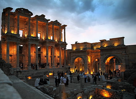 group, people, inside, opened, gray, concrete, hall, turkey, sky, clouds, celsus library, ephesus, dinner, gala, reception, buildings, structures, history, historical, ruins, architecture, destinations, lights, lighting, tables, evening, dusk, columns, outside, the past, built structure, travel destinations, ancient, travel, tourism, arch, building exterior, nature, old ruin, incidental people, architectural column, illuminated, city, ancient civilization, memorial, archaeology, ruined, 2K, CC0, public domain, royalty free