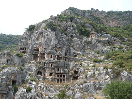 Montagne, des tombes, dinde, crypte, architecture, structure construite, l'histoire, le passé, ancien, arbre, plante, bâtiment, solide, Roche, la nature, extérieur du bâtiment, journée, la civilisation ancienne, rock - objet, Destinations de voyage, vieille ruine, ciel, personne, archéologie, en plein air, 2K, CC0, domaine public, libre de droits