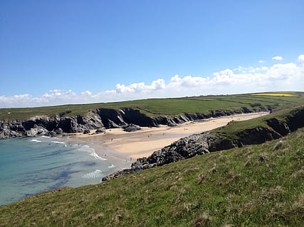 cornwall, beach, sea, sky, scenics - nature, beauty in nature, tranquil scene, tranquility, water, land, landscape, environment, nature, day, non-urban scene, cloud - sky, blue, no people, idyllic, plant, grass, outdoors, 1080P, CC0, public domain, royalty free