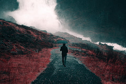 Malerei, Mann, Gehen, Straße, halten, Regenschirm, Nachtzeit, Person, zurück, Waling, Pfad, Gras, Rock, Weg, Regen, Wolke, rot, kalt, Winter, Fluss, nick scheerbart, eine Person, echte Menschen, in voller Länge, Rückansicht, Berg, Freizeitbeschäftigung, Lebensstile, Männer, Natur, Szenen - Natur, Schönheit in der Natur, Tag, Erwachsene, Land, Stehen, draußen, Umgebung, Bewegung, 5K, CC0, gemeinfrei, lizenzfrei