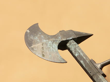 grey battle axe, ax, halberd, weapon, sharp, dangerous, fight, knight, middle ages, iron, blade, cut weapon, stabbing weapon, equipment, work Tool, steel, metal, construction Industry, hand tool, tool, hammer, close-up, colored background, no people, studio shot, indoors, single object, axe, knife - weapon, aggression, wood - material, alloy, metal industry, 2K, CC0, public domain, royalty free