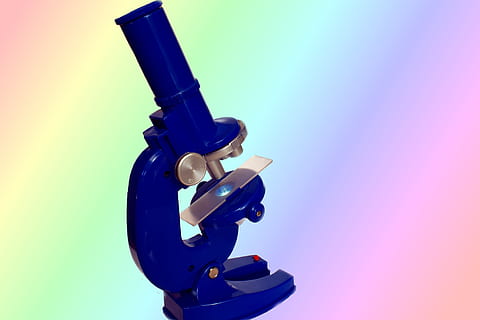 microscope, science, kids, microscopy, studio shot, blue, no people, colored background, arts culture and entertainment, close-up, indoors, copy space, single object, cut out, music, multi colored, metal, still life, light - natural phenomenon, technology, string instrument, focus on foreground, 5K, CC0, public domain, royalty free
