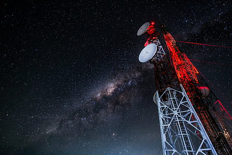 two, white, satellite dishes photo, nighttime, tower, antennas, technology, communication, mobile, cellular, radio, sky, telecommunication, signal, satellite, station, receiver, broadcast, transmission, stars, universe, cosmos, milky way, galaxy, astronomy, satellite Dish, space, science, telecommunications Equipment, wireless Technology, night, broadcasting, global Communications, star - space, nature, scenics - nature, low angle view, connection, outdoors, red, beauty in nature, space and astronomy, receiving, 2K, CC0, public domain, royalty free
