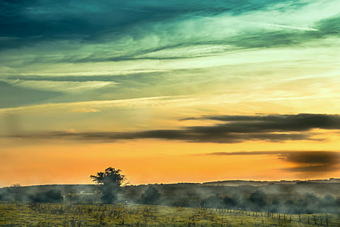 panorama fotografija, žalias, lauke, saulėlydis, vakaro dangus, debesys, ryškus debesis, tamsūs debesys, abendstimmung, kraštovaizdį, medžiai, rūkas, didėja rūkas, pobūdį, dangus, ruduo, vakare, pievos, aptvertas pievas, debesis - dangus, grožis gamtoje, vaizdai - gamta, ramybė, ramioje scenoje, aplinką, oranžinė spalva, augalų, nėra žmonių, ne miesto scenoje, medis, dramatiškas dangus, žemės, idiliškas, 4K, CC0, Viešasis domenas, nemokamai