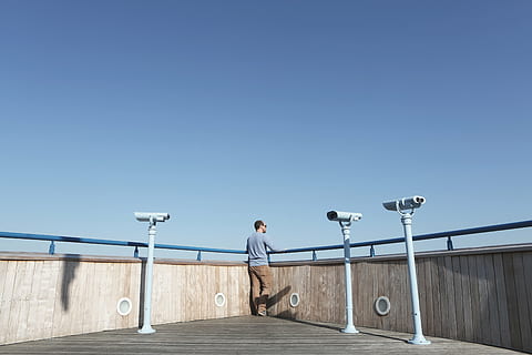 man, standing, outdoors, facing, backwards, person, corner, rail, guy, looking, lookout, rooftop, blue, sky, sunshine, tower viewer, adults only, one man only, mid adult, clear sky, only men, sunny, one person, men, adult, copy space, day, casual clothing, architecture, leisure activity, full length, railing, lifestyles, nature, males, young adult, contemplation, looking at view, 5K, CC0, public domain, royalty free