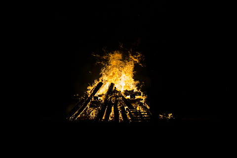 fire, night time, bonfire, burning, dark, flames, heat, hot, flame, night, no people, destruction, outdoors, illuminated, sky, fire - natural phenomenon, heat - temperature, copy space, black background, nature, celebration, low angle view, event, yellow, single object, 5K, CC0, public domain, royalty free