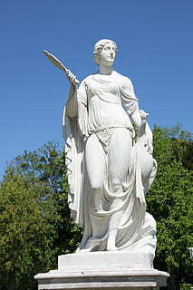 statue, socket, figure, stone, monument, castle, architecture, sculpture, park, places of interest, germany, building, sky, blue, garden, blue sky, nature, nice weather, landscape, white, munich, art and craft, representation, human representation, male likeness, tree, day, low angle view, creativity, no people, plant, clear sky, craft, female likeness, religion, angel, 4K, CC0, public domain, royalty free