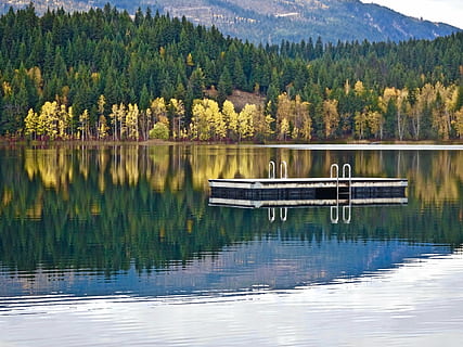 lago, calma, riflessione, piattaforma, tranquillo, calmo, ancora, paesaggio, riva, acqua, Paesaggi, albero, natura, la tranquillità, all'aperto, bellezza nella natura, nave nautica, pianta, scena tranquilla, scenics - natura, scena non urbana, lungomare, giorno, montagna, crescita, foresta, idilliaco, nessuno, albero di conifere, 4K, CC0, dominio pubblico, privo di copyright