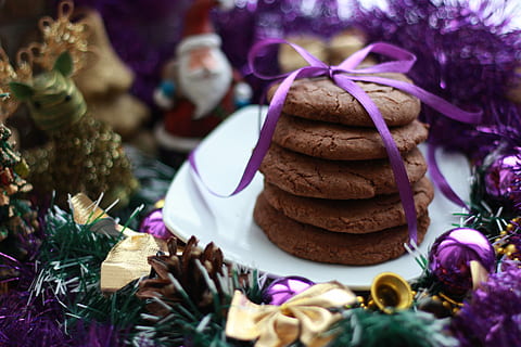 christmas cookies, cookie, white, ceramic, plate, biscuit, stack, ribbon, purple, food and drink, celebration, food, close-up, christmas, holiday, decoration, freshness, selective focus, indoors, sweet food, no people, still life, plant, nature, focus on foreground, baked, event, table, temptation, christmas ornament, 5K, CC0, public domain, royalty free