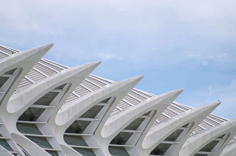 paisatge, arquitectònic, edifici, edifici de formigó blanc, apuntat, agut, concret, sostre, finestra, estructura, arquitectura, blanc, blau, cel, urbà, calatrava, parc, valencium, Color blanc, cap gent, naturalesa, estructura construïda, dia, núvol - cel, cadira, exterior de l'edifici, a l'aire lliure, seient, vista d’angle baix, llum solar, modern, destinacions de viatge, viatjar, material de fusta, turisme, balcó, luxe, 1080P