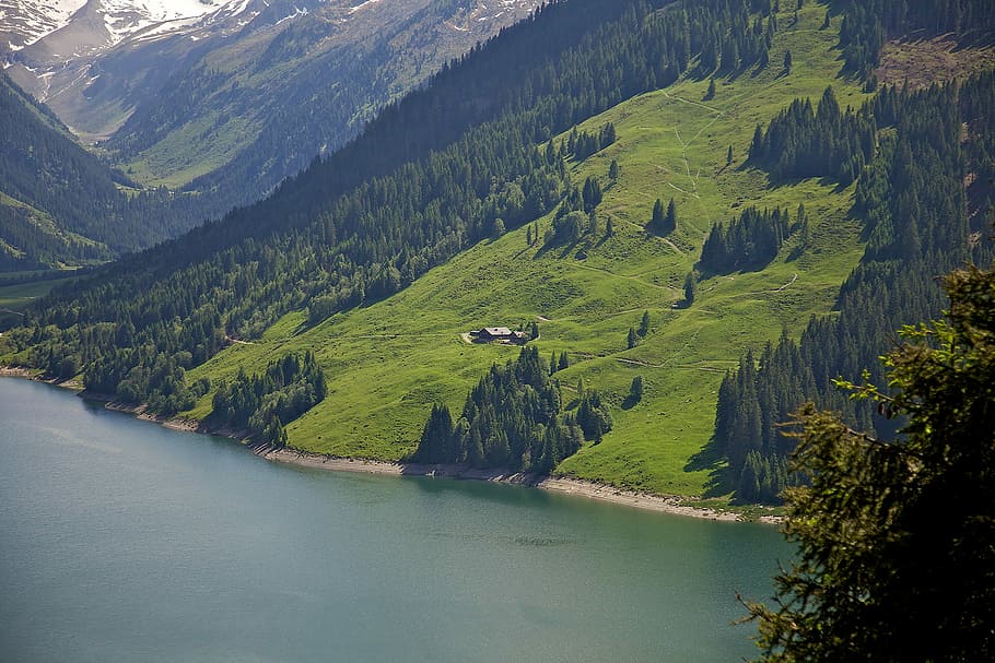 antenne, fotografering, grøn, græsfelt, legeme, vand, landskabsfoto, græs, dækket, bjerg, dagtimerne, træ, sø, Skov, landskab, natur, kystlinjen, sommerhus, rejse, ferie, smuk, græsplæne, alm, marinemaleri, scenics - natur, skønhed i naturen, rolig scene, plante, grøn farve, jord, ro, miljø, ikke-urbane scene, ingen mennesker, bjergkæde, dag, idyllisk, udendørs, fyrretræ, nåletræ, 720P