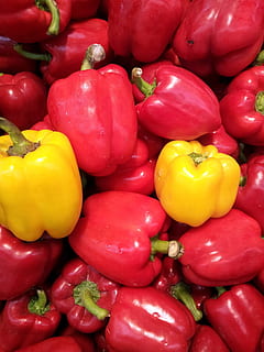 Pepper, Yellow, Vegetables, Market, red, red pepper, capsicum, vegetable, food, pepper - Vegetable, freshness, bell Pepper, food And Drink, organic, healthy Eating, paprika, vegetarian Food, full frame, red bell pepper, backgrounds, large group of objects, wellbeing, for sale, still life, no people, retail, abundance, retail display, 1080P, CC0, public domain, royalty free