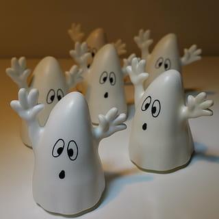 ghost, scare, spooky, background, piggy Bank, indoors, representation, still life, white color, no people, close-up, studio shot, investment, human representation, high angle view, anthropomorphic, art and craft, large group of objects, creativity, table, finance, number, order, communication, 2K, CC0, public domain, royalty free