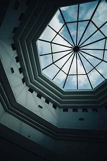 architectural, architecture, art, building, ceiling, clouds, contemporary, design, geometric, glass, indoors, light, modern, pattern, perspective, shape, sky, window, dome, built Structure, architecture And Buildings, low angle view, no people, staircase, glass - material, day, geometric shape, steps and staircases, directly below, skylight, spiral, 5K