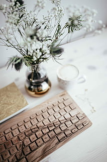 keyboard, cup, coffee, Wooden, cup of coffee, technology, desk, oree, cappucino, hipster, caffee, table, computer Keyboard, computer, indoors, no People, office, laptop, wood - Material, flower, close-up, old-fashioned, studio shot, day, vase, plant, still life, flowering plant, high angle view, paper, nature, selective focus, communication, decoration, focus on foreground, text, flower arrangement, 4K